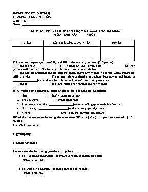 Đề kiểm tra 45p lần 1 học kì I Tiếng anh lớp 7 - Năm học 2015-2016 - Trường THCS Bình Hòa